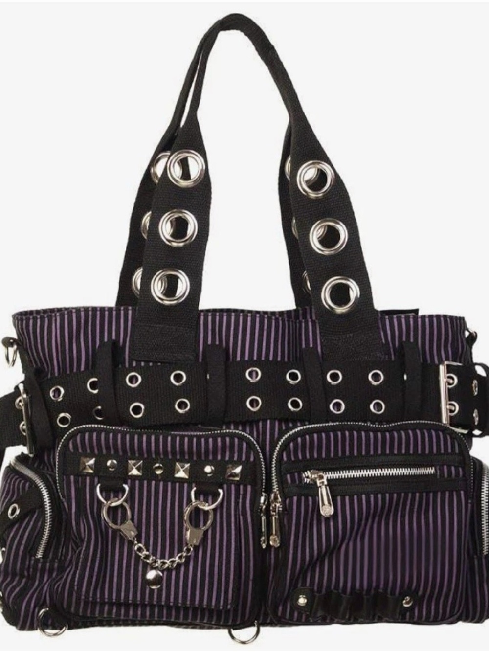 Lost Queen Striped Punk Rock Steampunk Purse with Handcuff Skull Charm